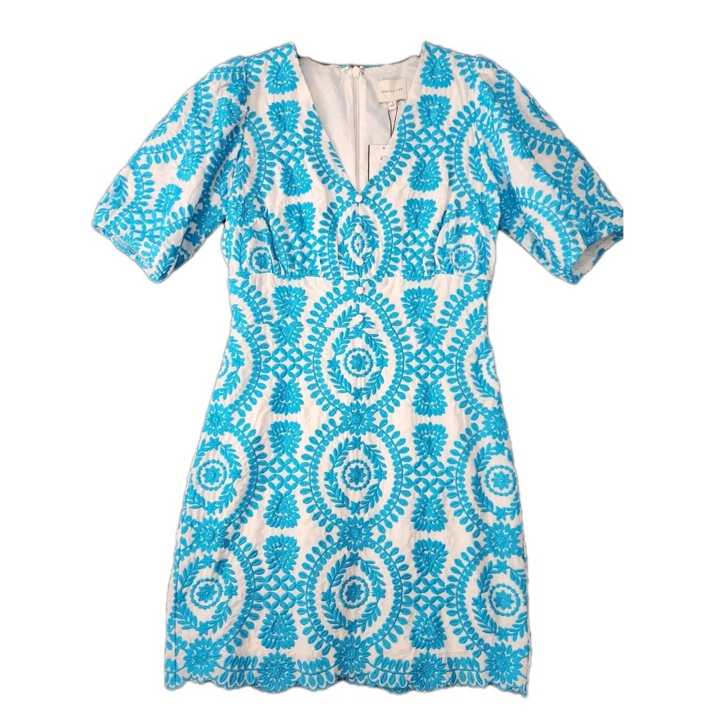 Adelyn Rae Sz S White Blue Embroidered Floral Rosemary Mini Dress Puff Sleeve